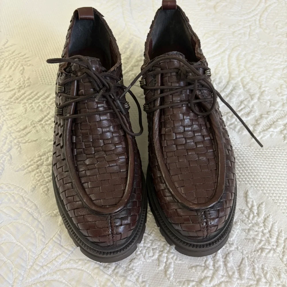 Vintage Foundry Clotilde chunky loafer Women’s 9 brown leather woven platform - Picture 2 of 16